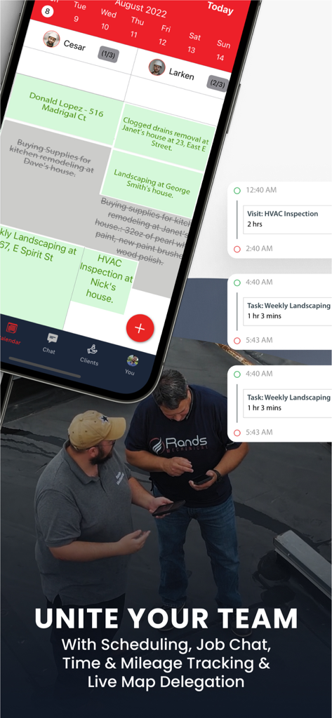 Contractor+ - Contractor Plus app showing team job schedules and task assignments on a mobile interface