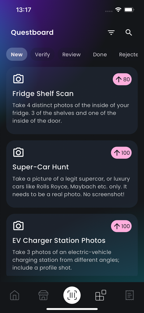 Scannit Network (Beta) - Questboard screen in the Scannit app showing available tasks like fridge scans and super car hunts to earn reward points