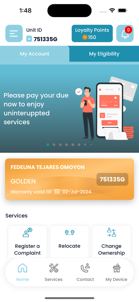 My Coolpex - My Coolpex app dashboard showing user account details loyalty points and service management options