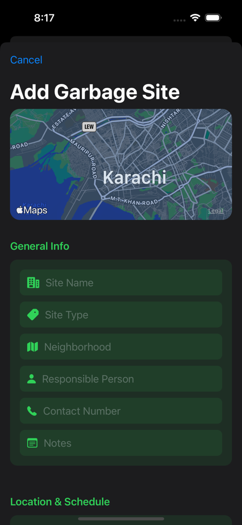 Garbage Maps Collection - Mobile app interface for adding a new garbage collection site with map and information fields