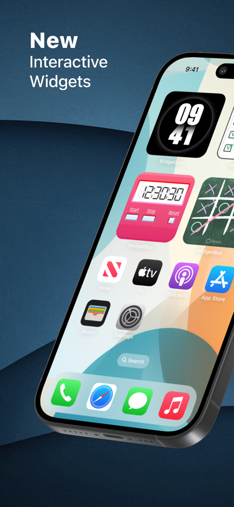 Widget Box Interactive Widgets - Una pantalla de inicio de iPhone que muestra widgets interactivos de Widget Box, incluido un temporizador y un juego de Tic Tac Toe.