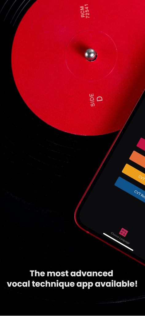 Complete Vocal Technique - Smartphone affichant l'application Complete Vocal Technique sur un fond de disque vinyle
