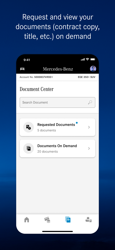 Mercedes-Benz Finance app Document Center screen showing options to search and request vehicle documents on an iPhone.