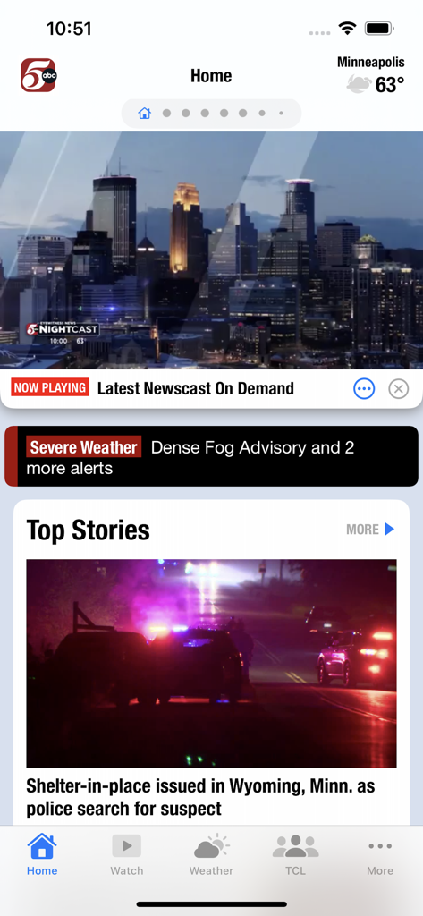 KSTP 5 Minneapolis-St. Paul MN - KSTP 5 news app home screen showing local headlines and weather alerts for Minneapolis and St. Paul.