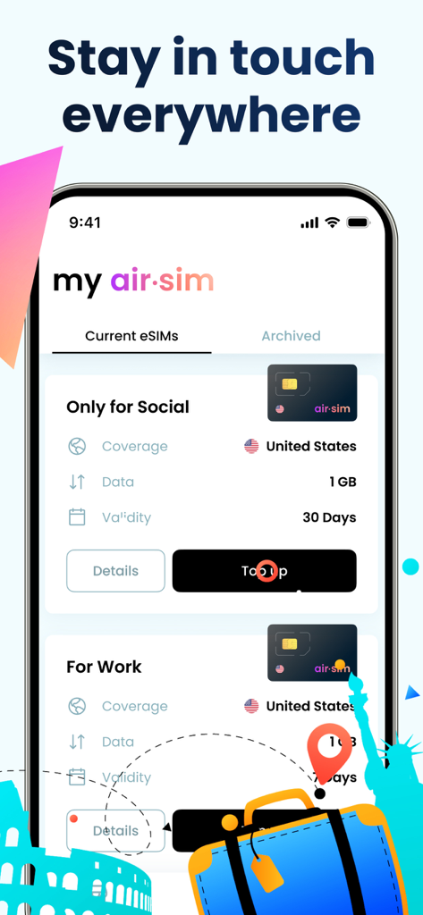 Air Sim mobile app interface showing current eSIM data plans for international travel.