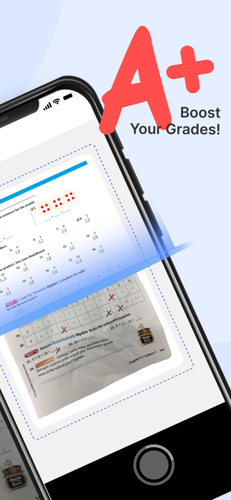 Smartphone using GradeUp app to scan a math worksheet with a banner that says Boost Your Grades