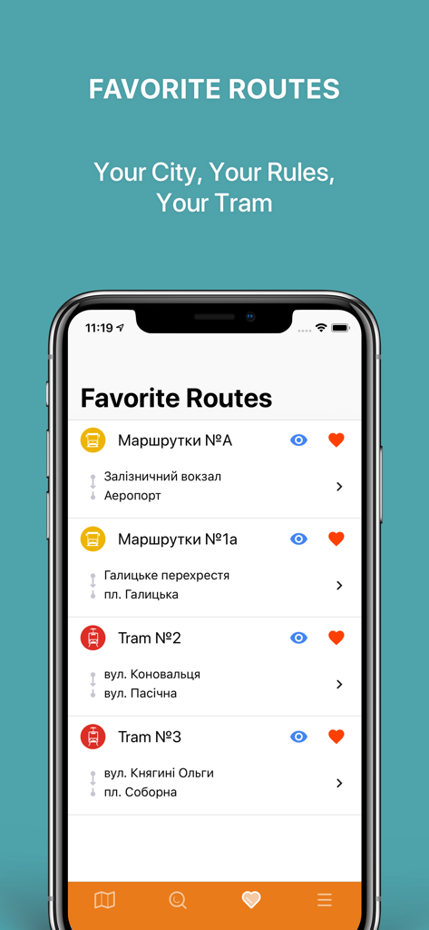 Public Transport Lviv - Screenshot of the favorite routes screen in the Public Transport Lviv app