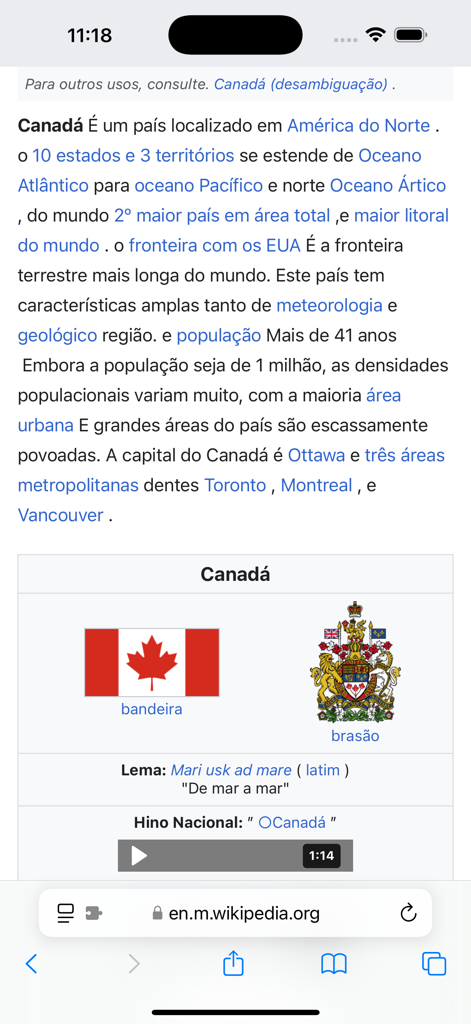 AI Translate for Safari - カナダに関するポルトガル語のWikipediaページがSafariモバイルブラウザで開かれています。