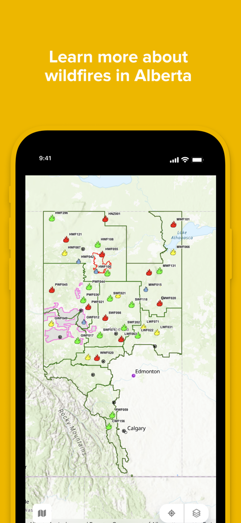 AB Wildfire Status - An interactive map of Alberta showing current wildfire locations and status icons.