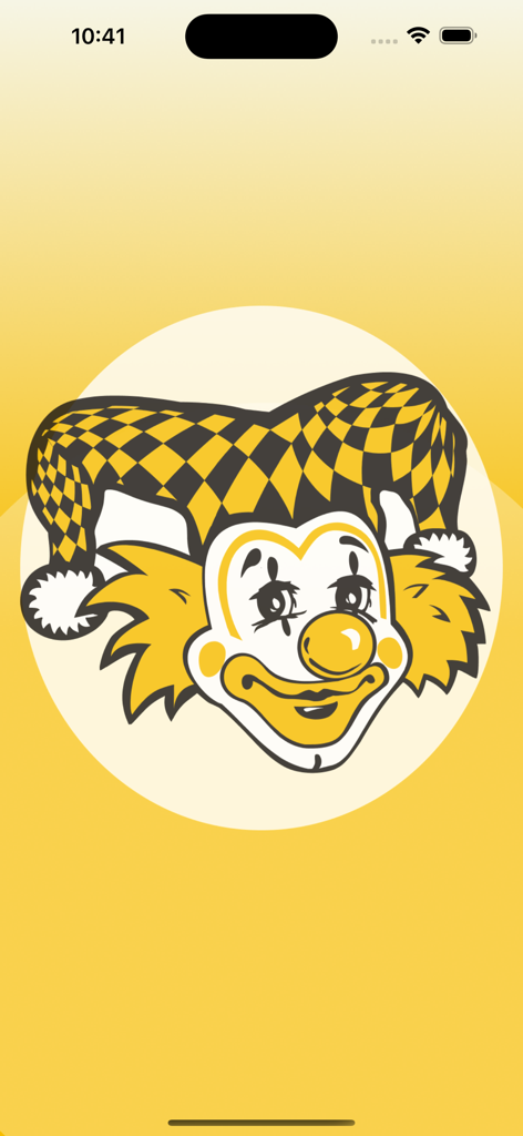 Tela de abertura do aplicativo Arlequim com o logotipo de um bobo da corte desenhado em um fundo amarelo