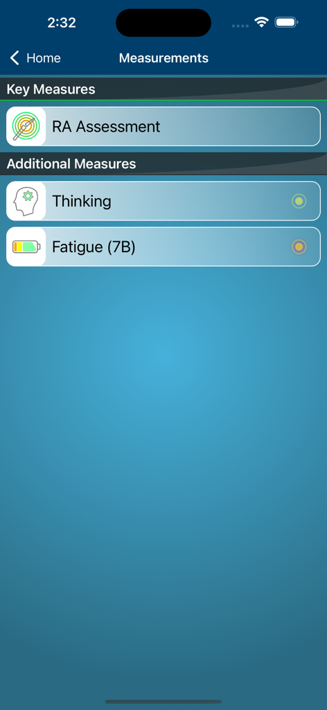 RA Manager app interface displaying categories for RA assessment fatigue and cognitive thinking tracking