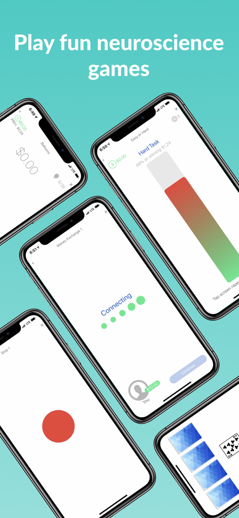 pymetrics 앱의 다양한 신경과학 기반 게임과 인지 평가를 보여주는 iPhone 모음
