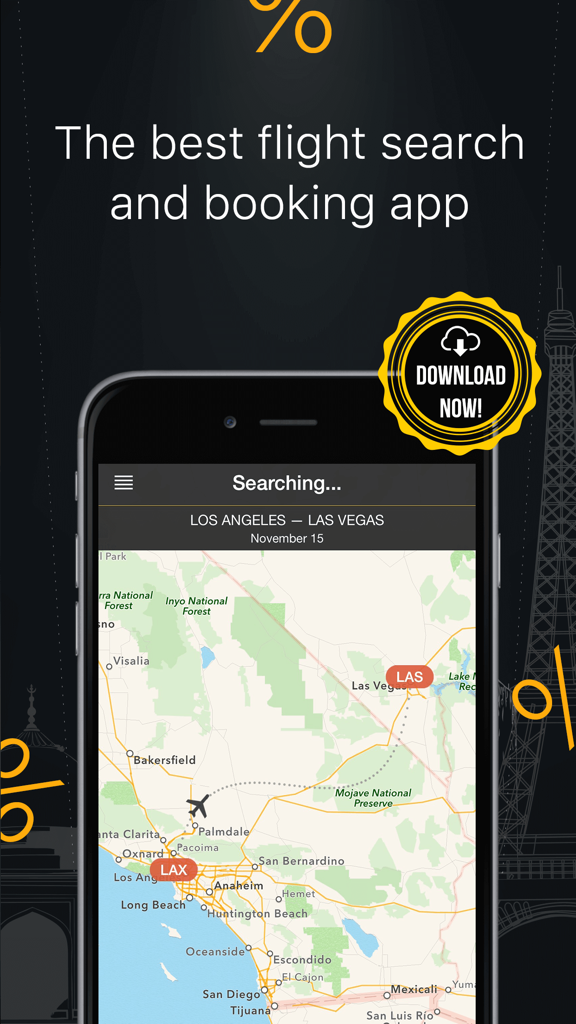 777 Airways app interface showing a flight route map between Los Angeles and Las Vegas