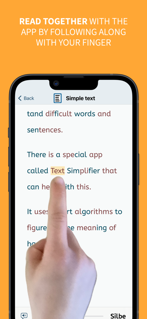 Text Simplifier VPP - Usuario siguiendo texto simplificado con un dedo en una aplicación móvil