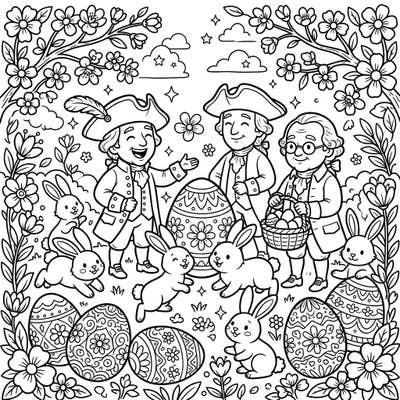 Step back in time for a unique Easter celebration with your favorite founding figures! This delightful coloring page features playful bunnies, intricately decorated eggs, and charming spring flowers, perfect for all ages.