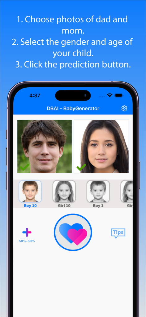 Interface de l'application BabyGenerator montrant les photos des parents et les paramètres de prédiction du bébé.