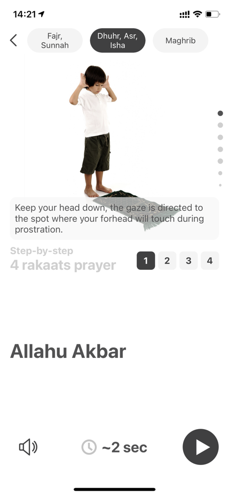 1Muslim: Prayer times, Azan - Step by step prayer guide in the 1Muslim app showing prayer positions and instructions.