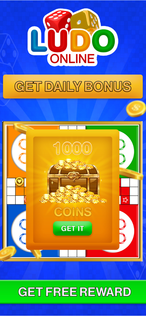 Classic Ludo Online - Classic Ludo Online daily bonus screen showing a treasure chest with 1000 free coins