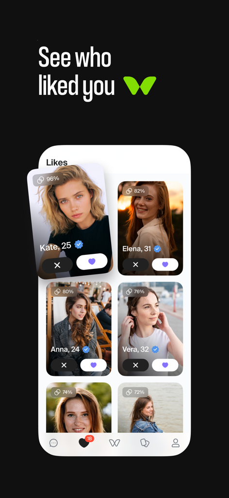 Twinby app screen showing liked profiles with scientific compatibility scores.