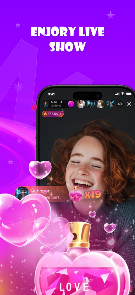 Moma Live App-Screenshot, der einen Live-Stream mit animierten Herz-Geschenkeffekten und dem Text "enjoy live show" zeigt