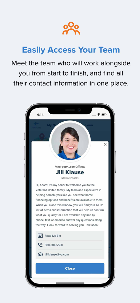 MyVeteransUnited - A smartphone showing the loan officer contact information page in the MyVeteransUnited mobile app.