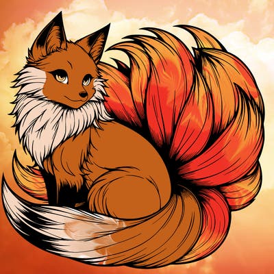 realistic detailed 9 tailed anime fox