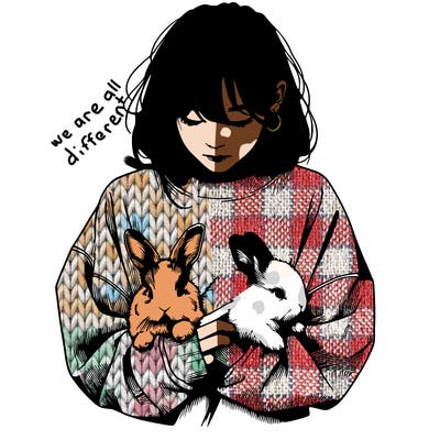 realistic girl with messy bunny baggy sweatshirt and holding bunnies
