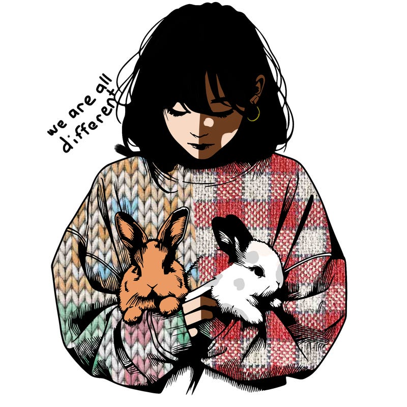 realistic girl with messy bunny baggy sweatshirt and holding bunnies