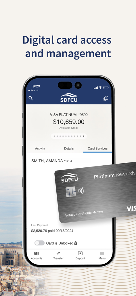 SDFCU Digital Banking - SDFCU mobile app interface showing digital credit card management and balance details.