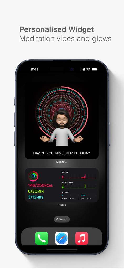 Meditate - Mindfulness app - iPhone home screen showing the Meditate app personalized widget with a character and a blooming mandala