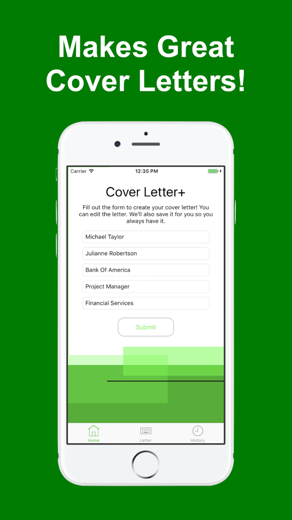 Schermata dell'iPhone che mostra l'app Cover Letter plus con un modulo per inserire i dettagli del lavoro e generare una lettera di presentazione professionale