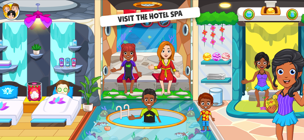Cartoon characters enjoying a luxury hotel spa with a sauna pool and massage beds