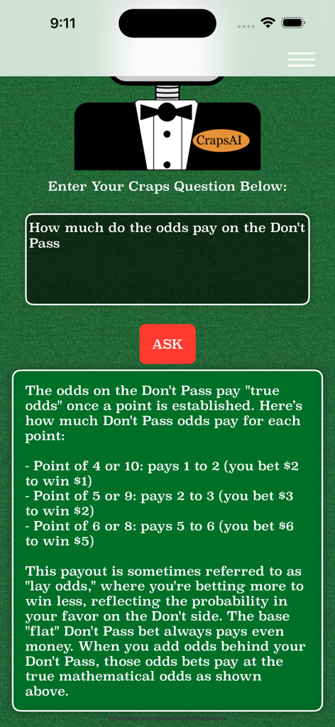A mobile interface of Craps AI showing a detailed answer about Don't Pass bet odds and payouts.