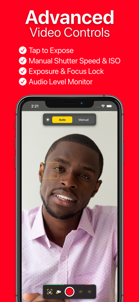 Interface of the Video Teleprompter app showing manual camera settings and advanced video recording controls