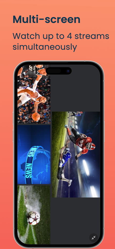 Uno smartphone che visualizza contemporaneamente quattro diversi flussi video live utilizzando la funzione multi schermo