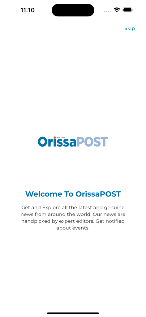 Welcome screen of the OrissaPOST English news app showing the logo and introductory text.