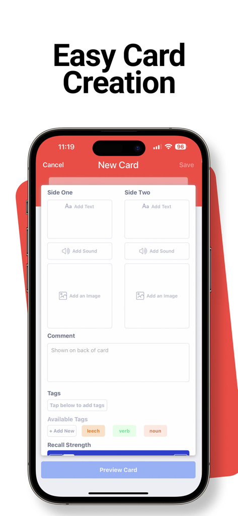텍스트, 오디오, 이미지 및 태그를 추가하는 옵션과 함께 새 플래시카드를 만드는 SmartCards plus 앱의 모바일 인터페이스