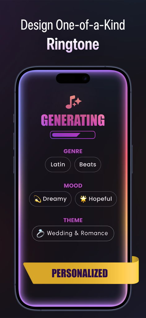 Ai Ringtone Generator: RingLab - Smartphone screen displaying the RingLab app generating a custom ringtone with Latin and Wedding themes