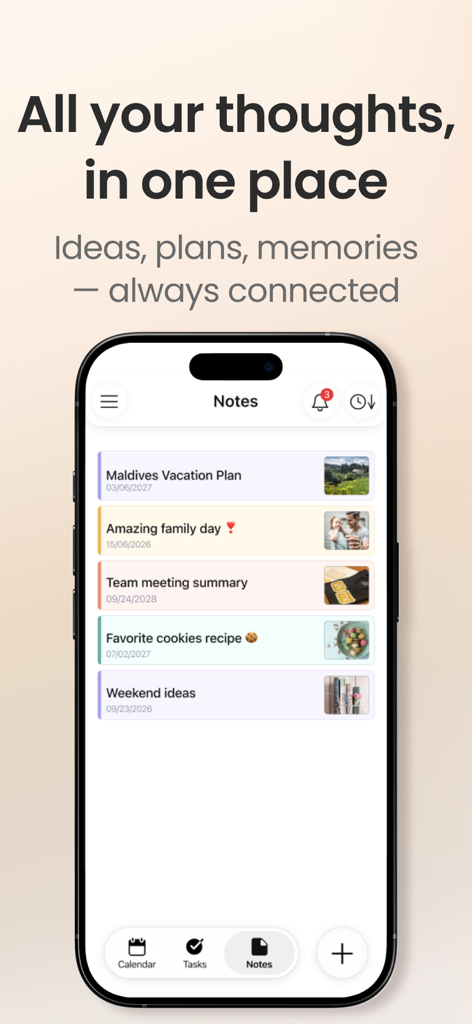24me: Calendar・Planner & To Do - Un smartphone que muestra la pantalla de notas de la aplicación 24me con entradas y fotos personalizadas