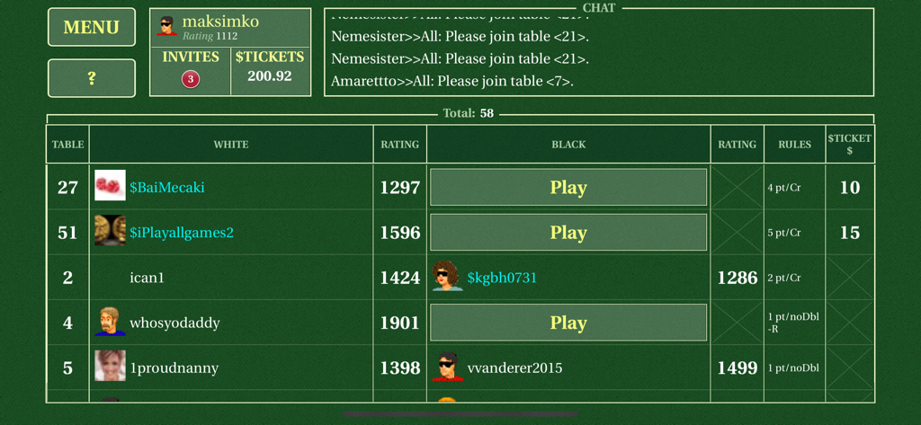 Backgammon Live - Backgammon Live game lobby displaying available tables player ratings and chat