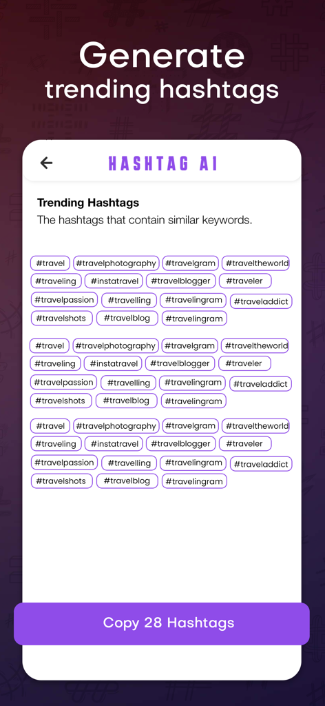 Hashtag Generator - Top Follow - Interfaccia di un'app mobile che mostra un elenco di hashtag di tendenza relativi ai viaggi e un pulsante per copiarli per i social media