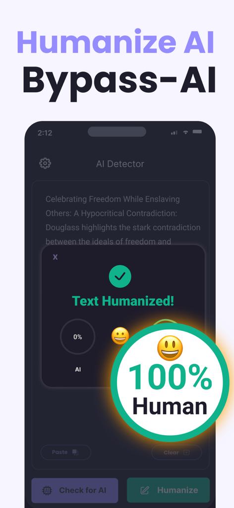 Human AI: Humanize AI Checker - Human AI app interface showing a 100 percent human text detection result