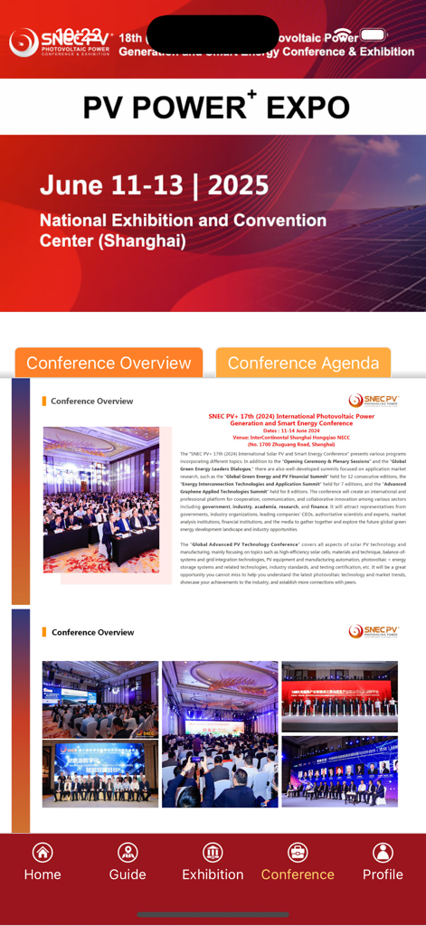 SNEC+ - Screenshot dell'app SNEC plus che mostra la panoramica della conferenza PV Power Expo e la sezione agenda