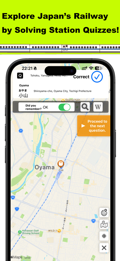 "Station map, learn railway m - A mobile app interface showing a map of Oyama and a correctly answered railway station quiz question.