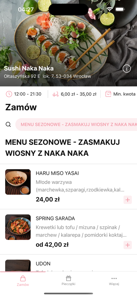 Sushi Naka Naka - Sushi Naka Naka app menu showing seasonal dishes and delivery info