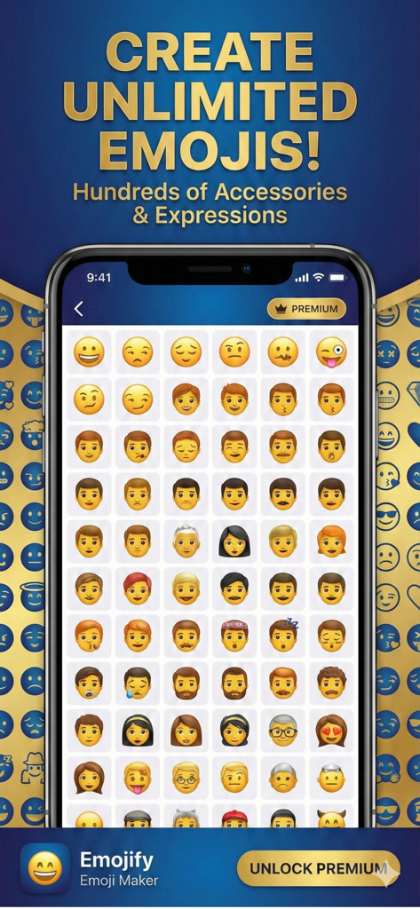 Emojify – Emoji Maker - Una pantalla de teléfono inteligente que muestra una cuadrícula diversa de caras de emoji personalizadas con varios peinados y expresiones faciales.