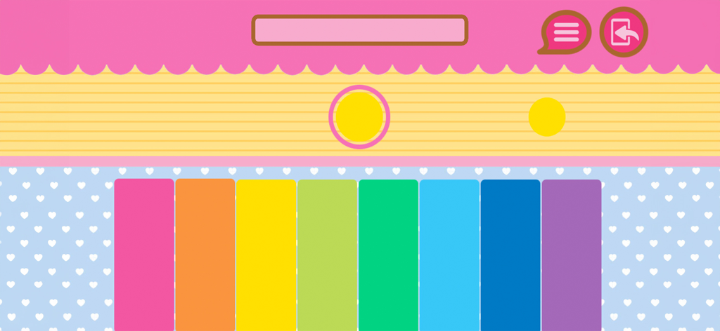 ハローキティシティ知育アプリの、リズムマーカーが降ってくるカラフルなデジタルピアノ画面。