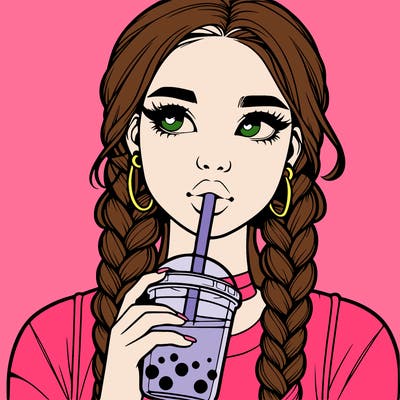 realistic girl with braided hair drinking boba