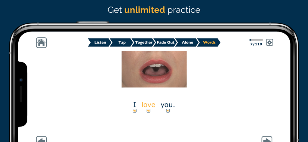 Apraxia Therapy - Apraxia Therapy app interface displaying a video of mouth movements for the phrase I love you
