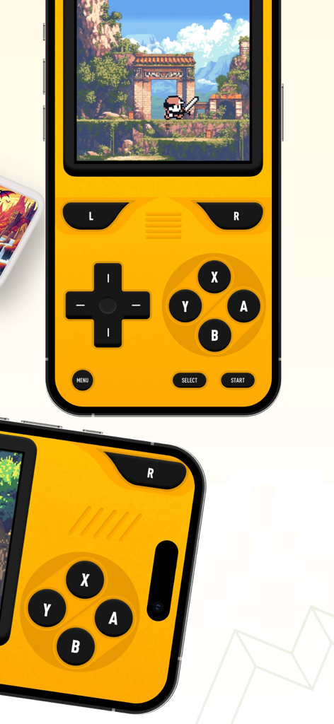 Game Emulator RetroHub interface featuring a yellow classic handheld console skin and pixel art gameplay.
